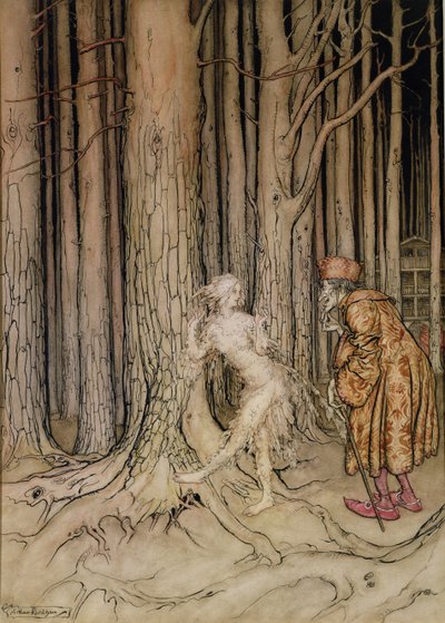 Til sidst mødte hun brudgommen, der langsomt kom tilbage, illustration til Fichers Bird, fra Lillebror, Lillesøster, af brødrene Grimm, 1917 (wc og pen og blæk på papir) (se også 28797) af Arthur Rackham