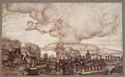 Væk fløj han lige over husene til Gardens, fra Peter Pan i Kensington Gardens af J M Barrie (1860 - 1937), pub. 1906 af Arthur Rackham