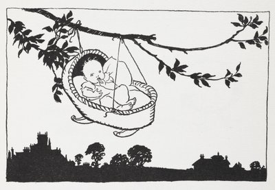 Baby i en tremmeseng hængende fra en gren. af Arthur Rackham