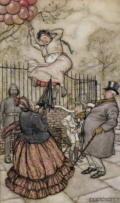 Balloner, illustration fra Peter Pan i Kensington Gardens, af J.M Barrie, udgivet 1906 (pen og blæk & wc på papir) af Arthur Rackham