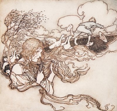 Blæs, blæs, lille brise, og Conrads hat griber. fra The Fairy Tales of the Brothers Grimm, pub. 1909 af Arthur Rackham