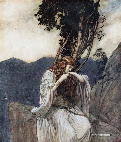 Brünnhilde kysser ringen, som Siegfried har efterladt med hende. Illustration til Siegfried and The Twi af Arthur Rackham