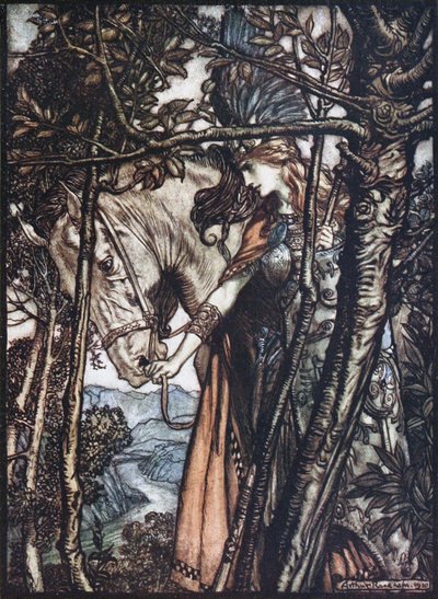 Brünnhilde fører sin hest ved tøjlen. Illustration til Rhinegold og Valkyrien af Richa af Arthur Rackham