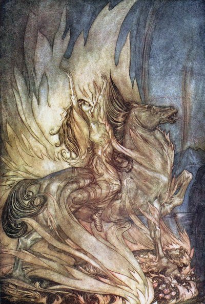 Brünnhilde på Grane springer op på Siegfrieds ligbål. Illustration til Siegfried and The Tw af Arthur Rackham