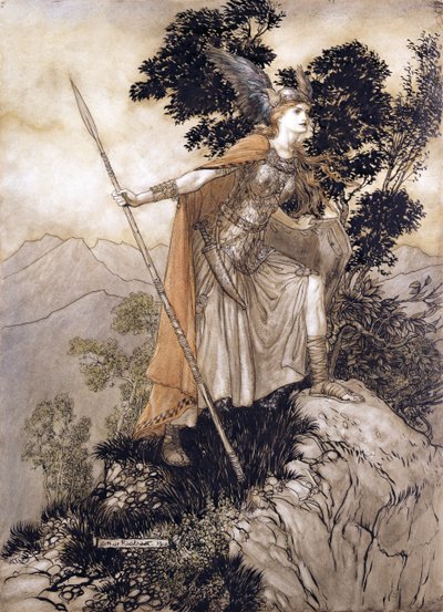 Brunhilde, illustration fra Rhinegold og Valkyrien af Richard Wagner, 1910 (pen & blæk, wc på papir) af Arthur Rackham
