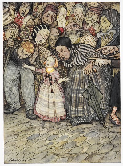"Men han har slet ikke noget på", sagde et lille barn. Farveillustration til historien, 