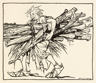 Carl bygger et shelter for natten fra The Carl of the Drab Coat i Irish Fairy Tales af Arthur Rackham