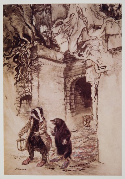 De krydsede hallen og passerede ned ad en af de vigtigste tunneler, fra Wind in the Willows af Kenneth Grahame (1859 - 1932), pub. 1940 af Arthur Rackham