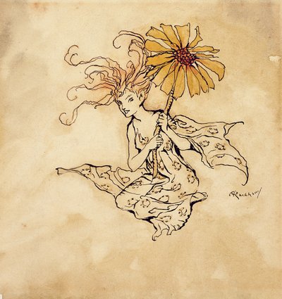 Daisy Fairy, illustration fra Peter Pan i Kensington Gardens, af J.M. Barrie, udgivet 1912 (pen, blæk & wc på papir) af Arthur Rackham