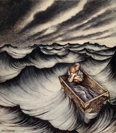 Danae klappede sit barn tæt, illustration fra 