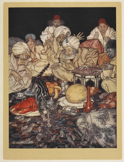 Dick Whittingtons kat rider på maurernes konge af sine mus. af Arthur Rackham