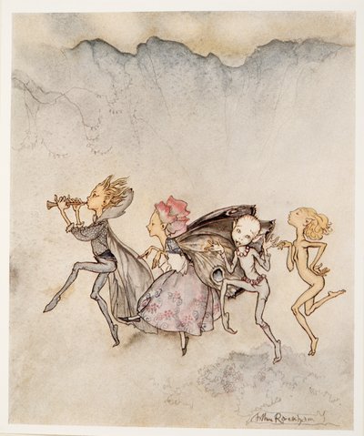 Hver enkelt snubler på tåen og vil være her med moppe og klippe, illustration fra William Shakespeares The Tempest, pub. 1926 af Arthur Rackham