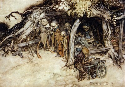 Elvere laver en jakke, Illustration af Arthur RACKHAM (1867-1939) til The Dream of a Summer Night af William SHAKESPEARE af Arthur Rackham