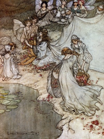 Nisser, der laver rosenhalskæder. Illustration af Arthur RACKHAM (1867-1939) til Drømmen om en sommernat af William SHAKESPEARE af Arthur Rackham