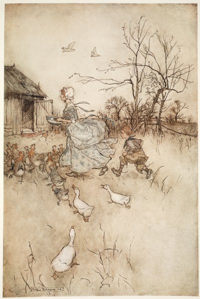 Udstyret i et par af sine fædres afstøbte galligaskind, som han havde lige så meget reklame at holde op med, som en fin dame træner i dårligt vejr., fra Rip Van Winkle ved Washington Irving, pub. 1910 (farve li af Arthur Rackham