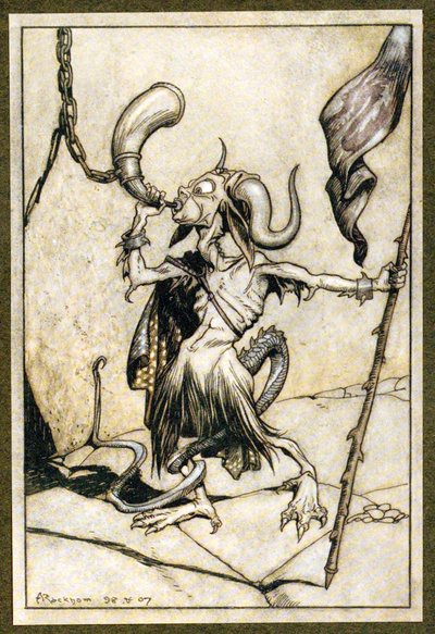 Før hornet ved porten til Barbican Tower blev blæst med en høj tyve-trompeterkraft, 1907 af Arthur Rackham