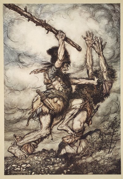 Fafner dræber Fasolt, illustration fra 