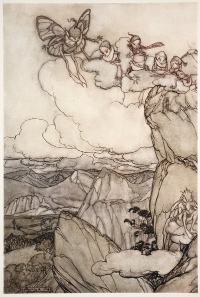 Feer i bjergene, fra Rip Van Winkle af Washington Irving, udgivet af. 1910 af Arthur Rackham
