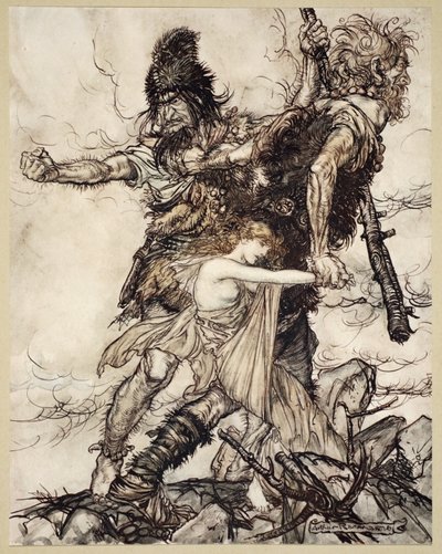 Fasolt griber pludselig Freia og trækker hende til side med Fafner, illustration fra 
