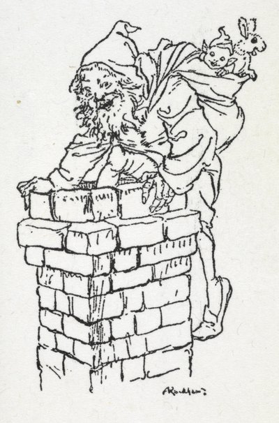 Julemanden klatrer ned af en skorsten med en sæk gaver af Arthur Rackham