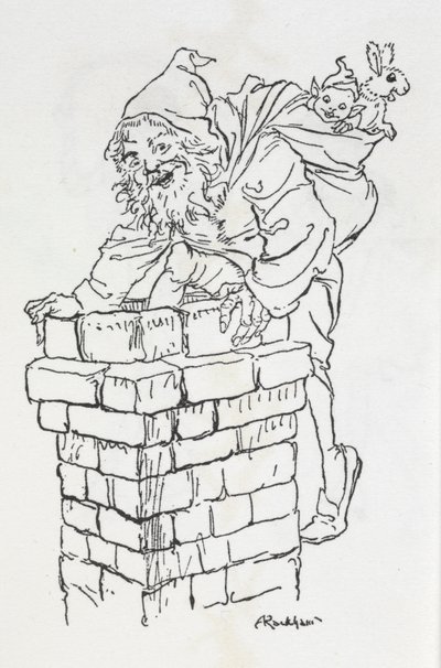 Julemanden klatrer ind i en skorsten med gaver af Arthur Rackham