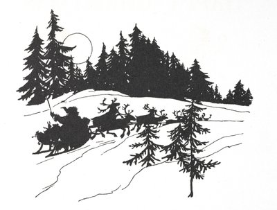 Julemanden rejser gennem en snedækket skov på sin slæde af Arthur Rackham