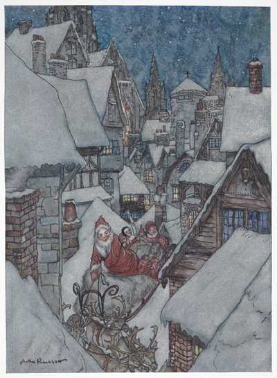 Julemanden rejser gennem sneklædte gader på sin slæde af Arthur Rackham
