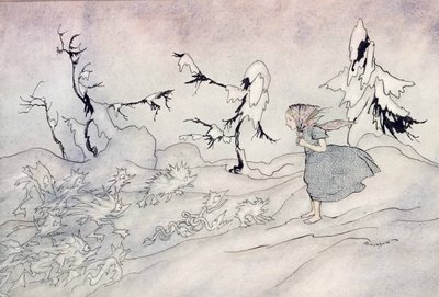 Gerda er rædselsslagen af snedronningens forvagt, men hun sagde Fadervor og bliver reddet af små klare engle, illustration fra Snedronningen af HC Andersen, udgivet 1932 (wc & i) af Arthur Rackham