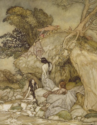 Girls by a Stream, 1906 (pen, blæk og wc) af Arthur Rackham