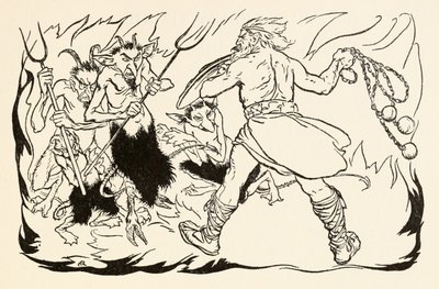 Goll mac Morna angriber helvede for at redde Fionn og Fianna-finnen fra The Little Brawl at Allen i Irish Fairy Tales af Arthur Rackham