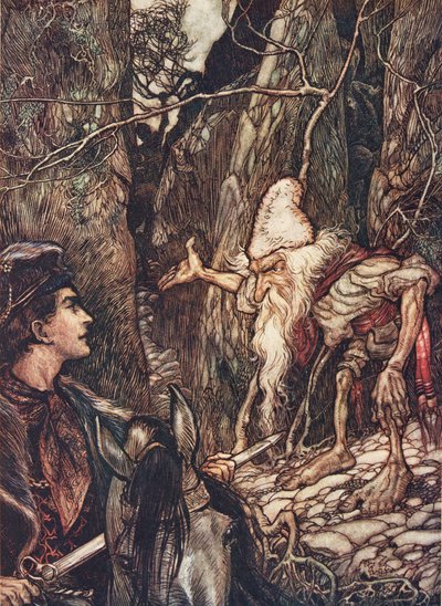 Gode dværg, kan du ikke fortælle mig, hvor mine brødre er? fra The Fairy Tales of the Brothers Grimm, pub. 1909 af Arthur Rackham