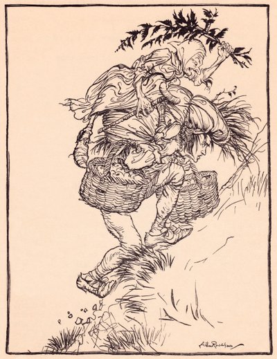 Han stønnede konstant og besteg bjerget. Illustration af Arthur Rackham fra Grimms eventyr, Gåsepigen ved brønden. af Arthur Rackham