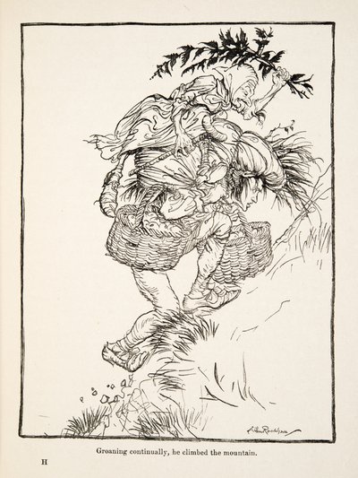 Han stønnede konstant og besteg bjerget fra Little Brother & Little Sister and Other Tales af brødrene Grimm, pub.1917 (litho) af Arthur Rackham
