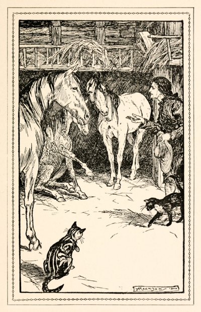 Gulliver har æren af at blive udspurgt af sine mestre gæster fra Del IV: En rejse til Houyhnhnms land i Gullivers Travels af Jonathan Swift af Arthur Rackham