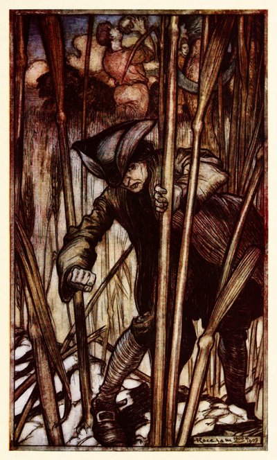 Gulliver er ramt af frygt ved første blik for de Brobdingnagian-høstere fra del II: A Voyage to Brobdingnag i Gullivers Travels af Jonathan Swift af Arthur Rackham
