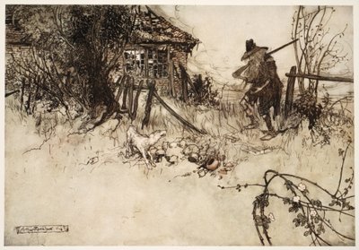 Han fandt huset gået i forfald? Min hund, sukkede stakkels Rip, har glemt mig., fra Rip Van Winkle af Washington Irving, pub. 1910 af Arthur Rackham