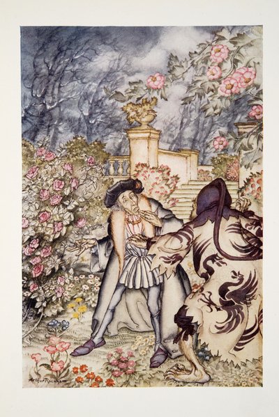Han hørte en høj lyd og så et udyr komme imod ham, så skræmmende at se på, at han var klar til at besvime af frygt, fra The Arthur Rackham Fairy Book, pub. 1933 af Arthur Rackham