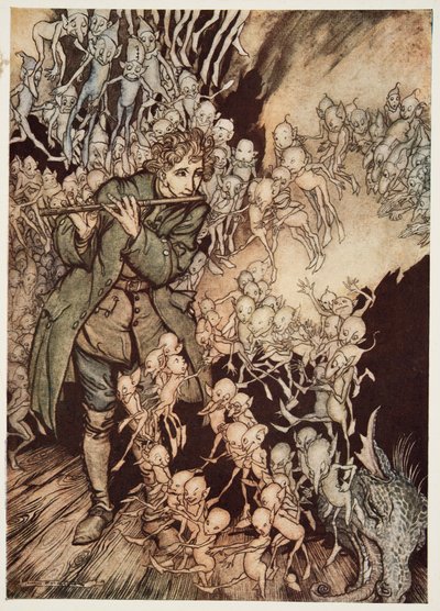 Han spillede, indtil rummet var helt fyldt med nisser, fra Lillebror & Lillesøster og andre fortællinger af brødrene Grimm, pub. 1917 af Arthur Rackham