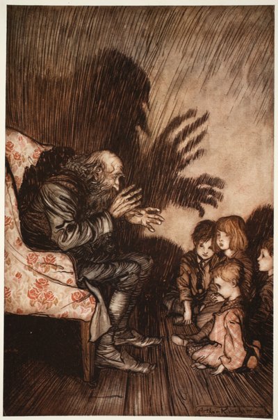 Han foretrak at blive venner blandt den opvoksende generation, som han snart voksede til stor fordel hos., fra Rip Van Winkle ved Washington Irving, pub. 1910 af Arthur Rackham