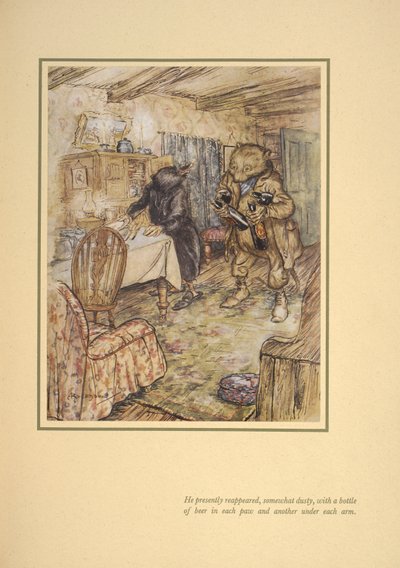 Han dukkede nu op igen, noget støvet, med en flaske øl i hver øl under hver arm«. af Arthur Rackham