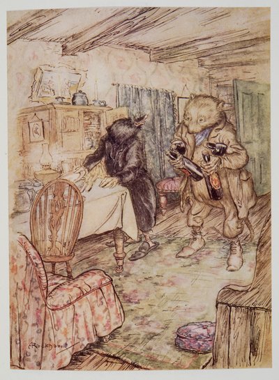 Han dukkede nu op igen, noget støvet, med en flaske øl i hver pote og en anden under hver arm, fra Wind in the Willows af Kenneth Grahame (1859 - 1932), pub. 1940 af Arthur Rackham