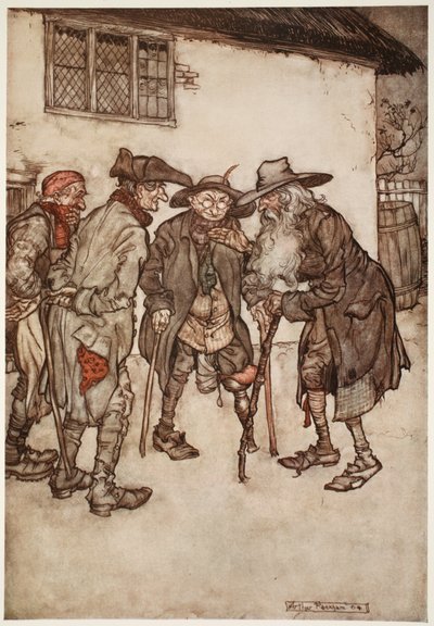 Han fandt hurtigt mange af sine tidligere kumpaner, selv om de alle var desto værre for tidens slid., fra Rip Van Winkle af Washington Irving, pub. 1910 af Arthur Rackham