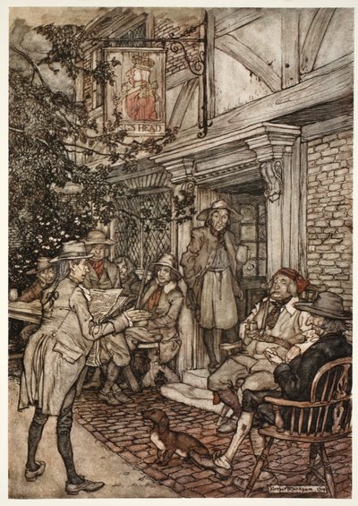 Han plejede at trøste sig selv ved at besøge en slags evig klub af vismænd, filosoffer og andre ledige personer, som holdt sine sessioner foran en lille kro., fra Rip Van Winkle af Washington af Arthur Rackham