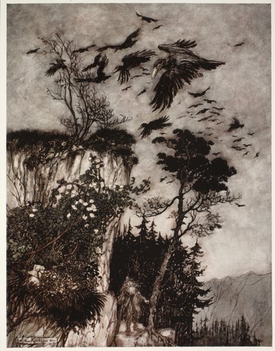 Han blev kun besvaret af en flok dovne krager.", fra Rip Van Winkle af Washington Irving, pub. 1910 af Arthur Rackham