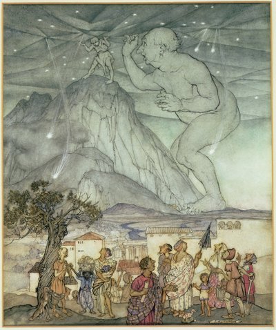Hercules støtter himlen i stedet for Atlas af Arthur Rackham