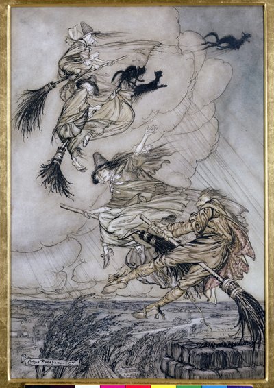 Hej! Op ad skorstenen Lass! Hey After you!, illustration i The Ingoldsby Legends of Mirth and Marvels, 1907 (pen & blæk med wc på papir) af Arthur Rackham