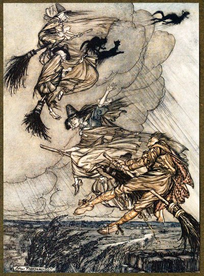 Hej! Op ad skorstenen, pige! Hey, efter dig!, fra The Ingoldsby Legends, pub. 1907. af Arthur Rackham