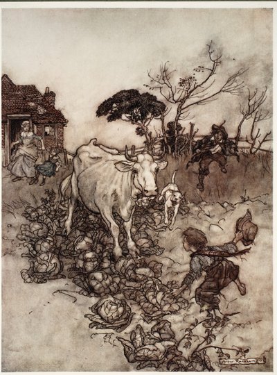 Hans ko ville gå på afveje eller komme blandt kålene., fra Rip Van Winkle af Washington Irving, pub. 1910 af Arthur Rackham