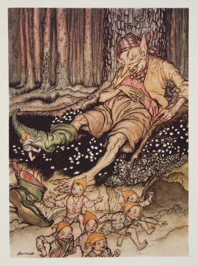 Hop-o-my-thumb gik blødt op til Ogre og trak sine syv-liga-støvler af, fra The Arthur Rackham Fairy Book, pub. 1933 af Arthur Rackham