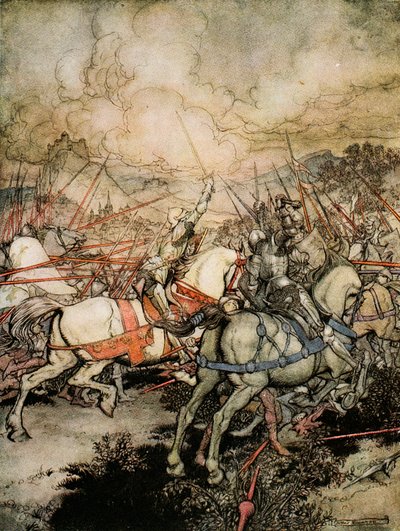 Hvordan Arthur trak sit sværd, Excalibur, for første gang, illustration fra 